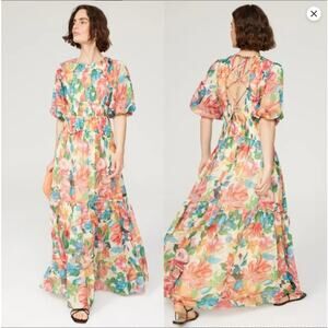 ONE33 SOCIAL Francesca Floral Maxi Dress Puff Sleeves Tiered Sz 8 Cottagecore